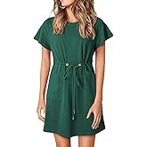 EVALESS Womens Spring Summer Dresses 2026 Casual Round Neck Ruffle Short Sleeve Flowy A Line Mini Dress with Pockets