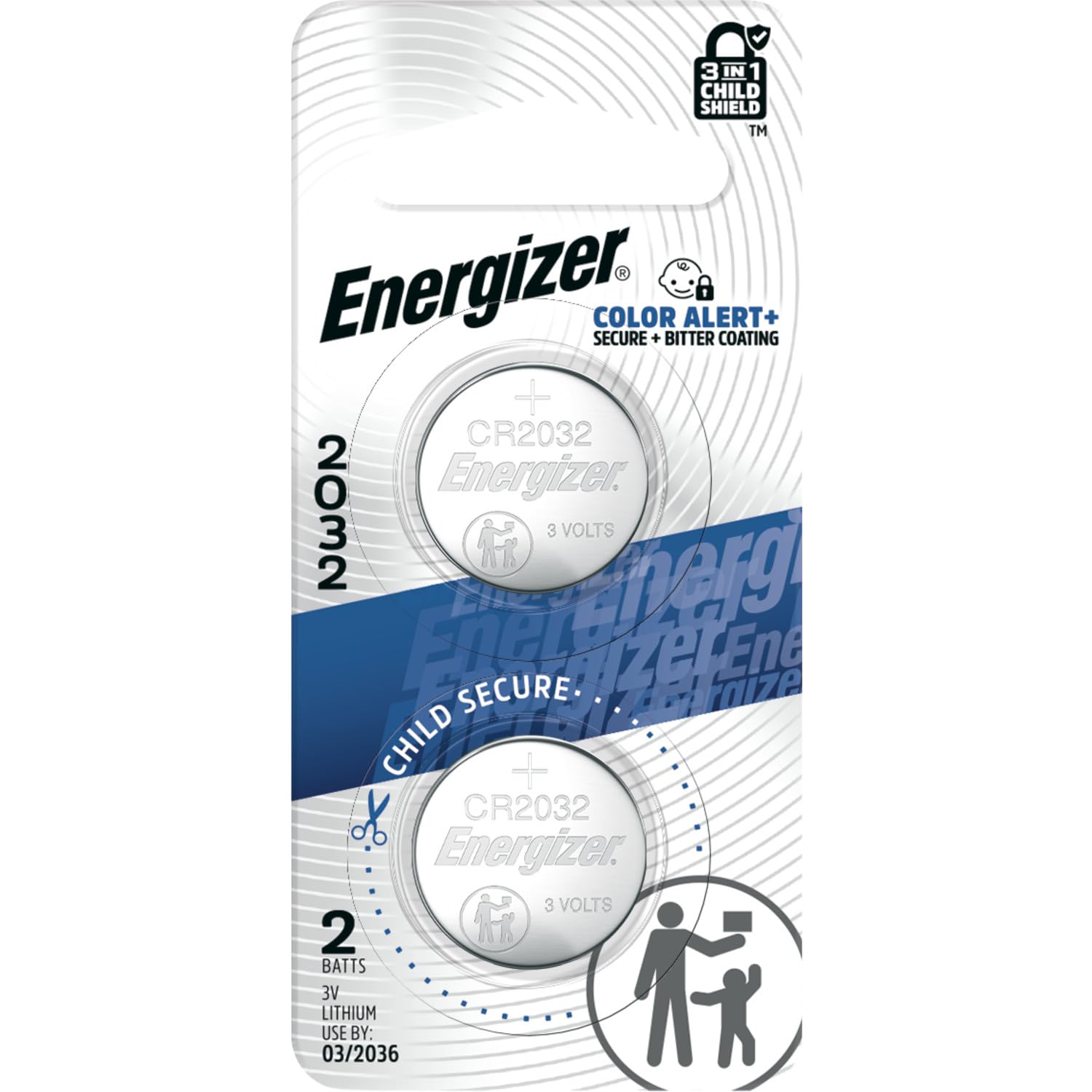 Energizer 2032 Batteries (2 Pack), 3V Lithium Coin Batteries with 3-in-1 Child Shield