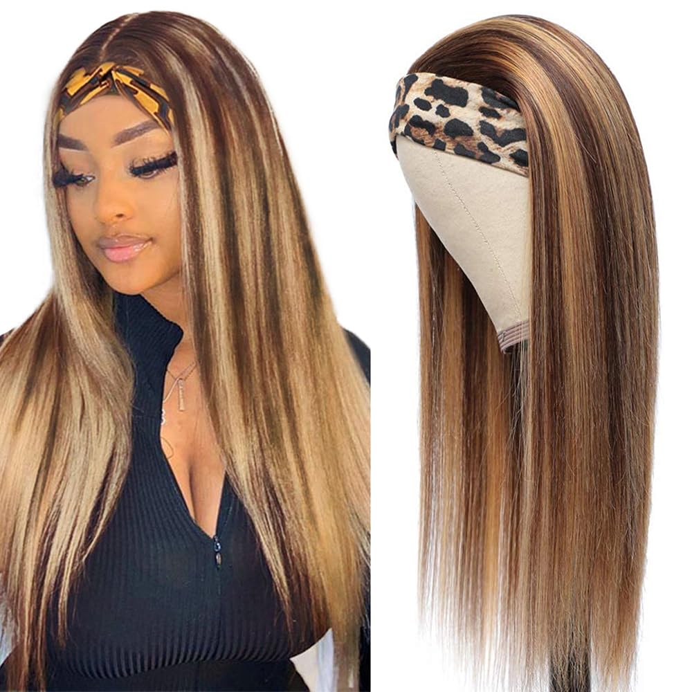 Photo 1 of YiweYowe 24 Inch P427 Blonde Headband Wig Human Hair 150% Density Grade 8A Unprocessed Brazilian Virgin Hairs Machine Made Highlight Brown Straight Headband Wig Human Hair None Lace Front Wig
