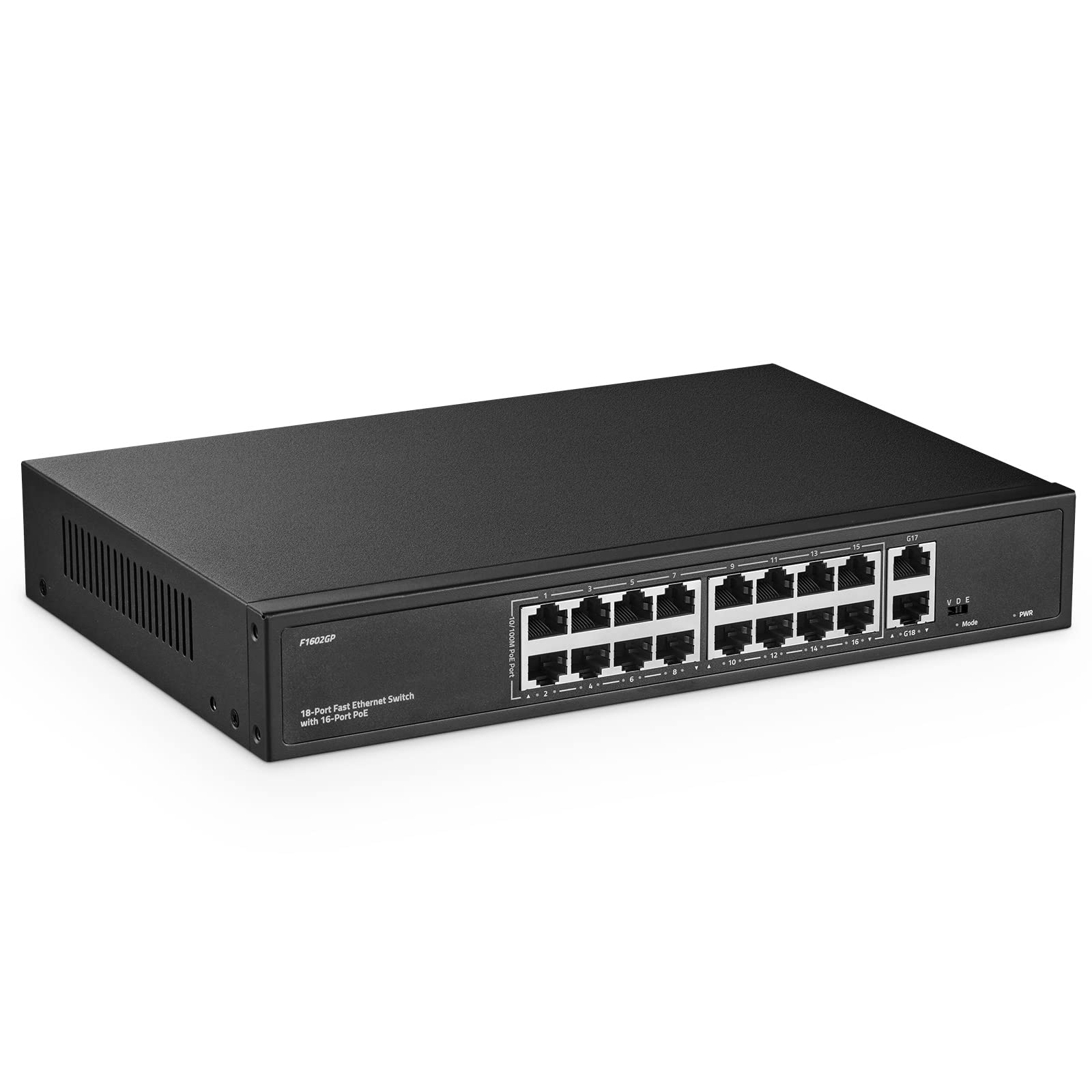 16 Port PoE Switch, 10/100Mbps PoE+ Ports, 2 Gigabit Ethernet Uplink, IEEE802.3af/at, Max 200W, VLAN & PoE Extend 250m, RackMount Fanless Unmanaged Ethernet Switch