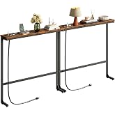 HavenlyYouth 63 Inch Narrow Console Table with 2 Power Outlets, Behind Couch Table with Charging Station, Small Space Sofa Behind Table for Living Room, Entryway, Hallway, Rustic Brown