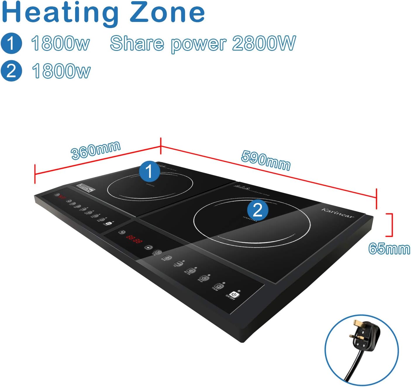 Induction Hob, Karinear Induction Cooker with 2 Cooking Zones, Auto