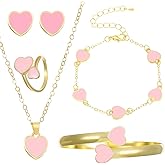 RLHRNDE 5 Pcs Heart Jewelry Set for Women Exquisite Heart Pendant Necklace Stud Earrings Adjustable Ring 14K Gold Enamel Love Bracelet Wedding Christmas Valentine's Day Jewelry Best Gifts