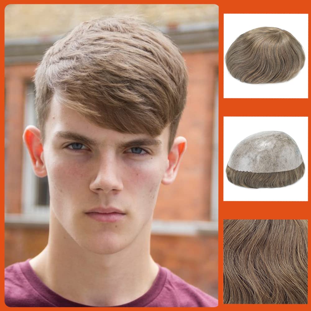 Zakya Hair System for Men Thin Skin Men's Toupee 100% Human Hair Men's Hairpieces 8x10 Inches Base Size Hair Replacement System for Men (Light Brown 7#(ASH)) — image 1