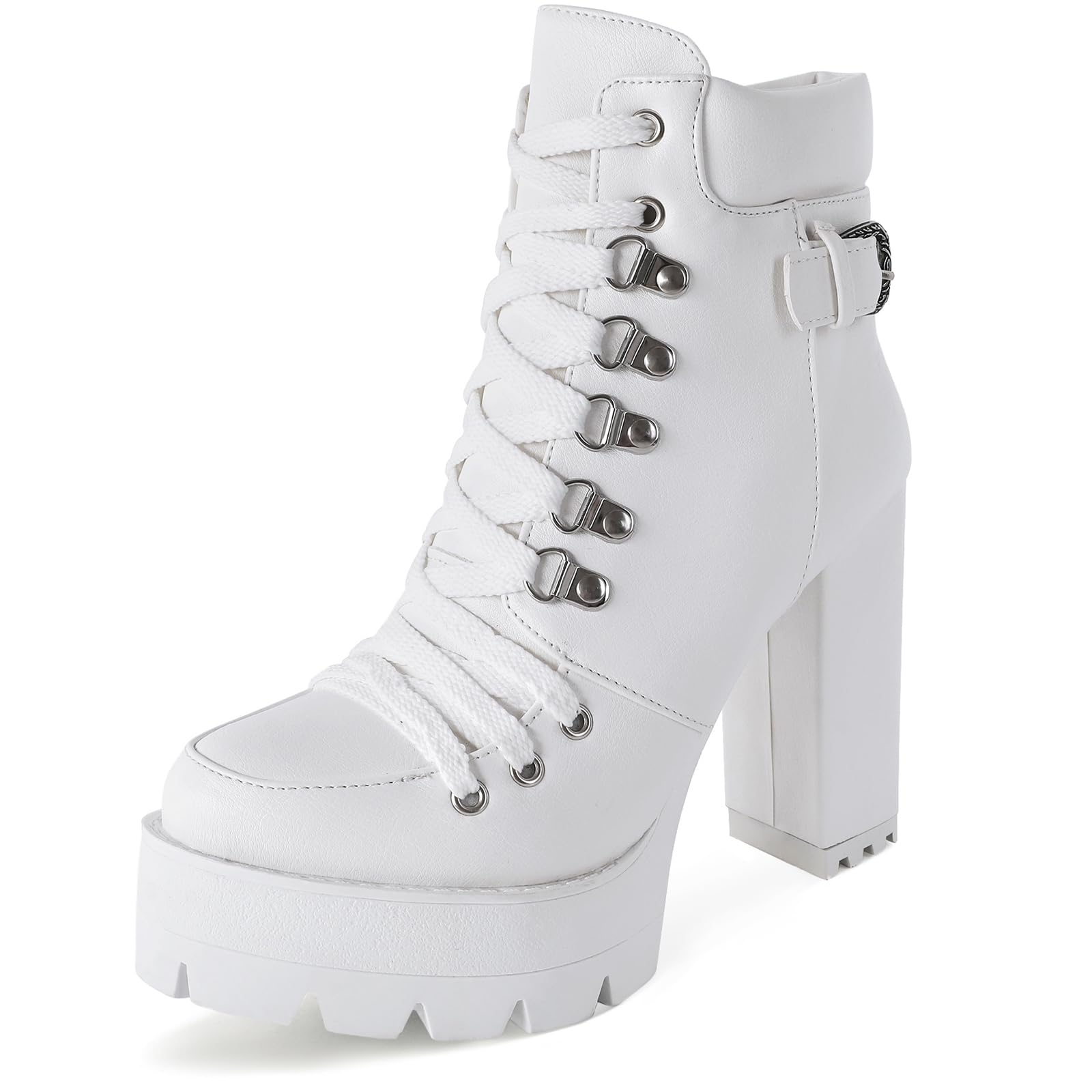 Photo 1 of Susanny Platform Heel Boots Womens White Sexy High Heels Harley Steampunk Heeled Combat Boots Shoes Lace UP Short Ankle Booties 7