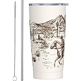 Kaireno Western Desert Tumbler Cowboy Stainless Steel Insulated Tumblers with Lid Straw Reusable American Wild Landscape Coffee Travel Mug Tea Drinking Water Wine Cups Gifts for Women 20 Oz