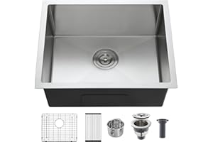 TSIBOMU Brushed 24 Inch Undermount Kitchen Sink, 18 Gauge 304 Stainless Steel Single Bowl with Bottom Grid & Roll-Up Drying R