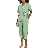 CF Pajama Sets for Women 2 Piece Soft Cotton Modal Short Sleeve Top With Capri Pants Button Down Summer Pjs for Women Set