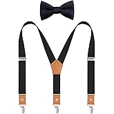WAQXTV Men's Boy's Suspenders and Bow Tie Set Elastic Y Back with Metal Clips