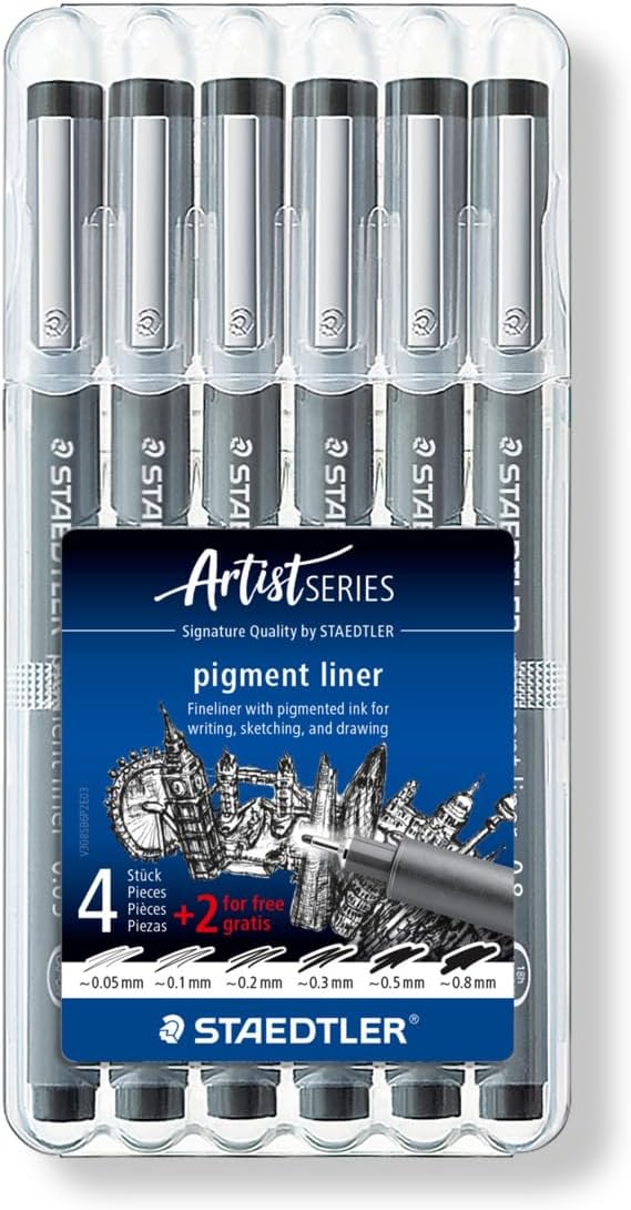 Staedtler 308 SB6P Pigment Liner Fineliner Set 4 + 2 Free Black