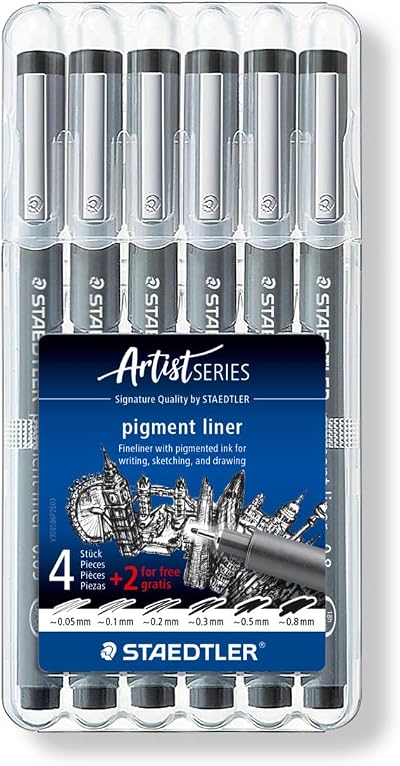 Staedtler 308 SB6P Pigment Liner Fineliner Set 4 + 2 Free Black