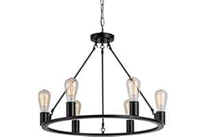 Senyshilon Black Chandeliers for Dining Room Light Fixtures Over Table, Farmhouse Wagon Wheel Chandelier 6-Light 23.6'', Rustic Modern Chandelier for Kitchen Island Living Room Bedroom