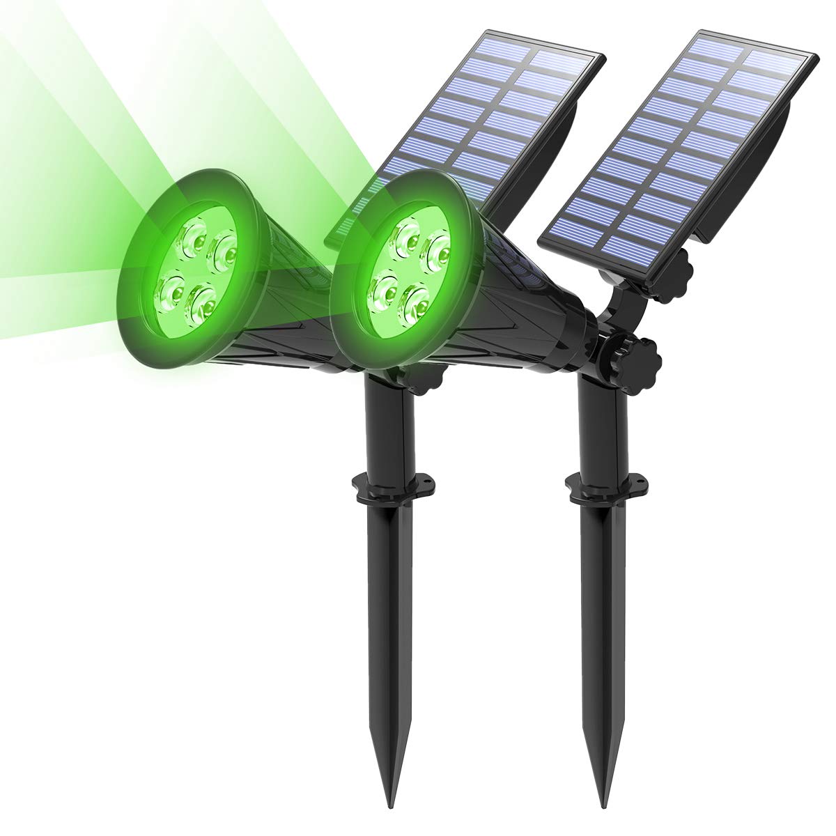 T-SUN 2 Pack LED Solar Spotlights, Super Bright 250LM Outdoor Security Garden Landscape Lamps, Green, Auto-on at Night/Auto-Off by Day,180°Angle Adjustable for Patio,Tree,Deck,Wall, Pool Area
