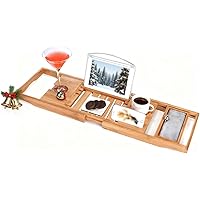Utoplike Bathtub Caddy Tray, Bamboo Tub Tray with Sliding Towel Holder, Bath Table with Book Holder, Phone Stand and Adjustab