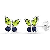 Gem Stone King 925 Silver Marquise Green Peridot and Blue Sapphire Butterfly Earrings For Women (1.52 Cttw, Gemstone August Birthstone, Center Stone: 6X3MM, Small Stones: 3MM)