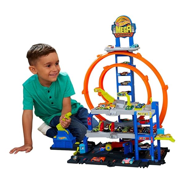 HOT WHEELS TOY CAR TRACK SET WITH DIE-CAST CAR & HELICOPTER, 2 LOOPS, STORAGE FOR 36 1:64 SCALE VEHICLES, SPEED SNAP ADAPTERS, MEGA LOOP GARAGE