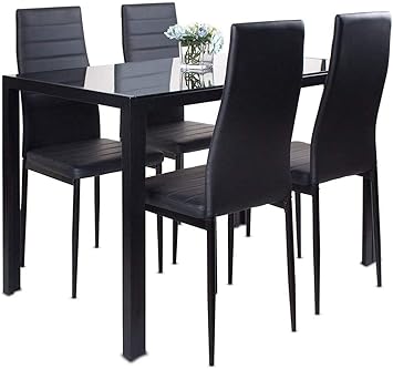Amazon Com Binrrio 5 Piece Dining Table Set Modern Furniture Rectangle Tempered Glass Top Table With 4 Piece High Backrest Faux Leather Chairs For Kitchen Dining Room Living Room Black Table