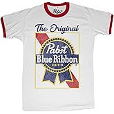 Ripple Junction Pabst Blue Ribbon Men's Short Sleeve Ringer T-Shirt Original Vintage Distressed Beer Logo Officially Licensed