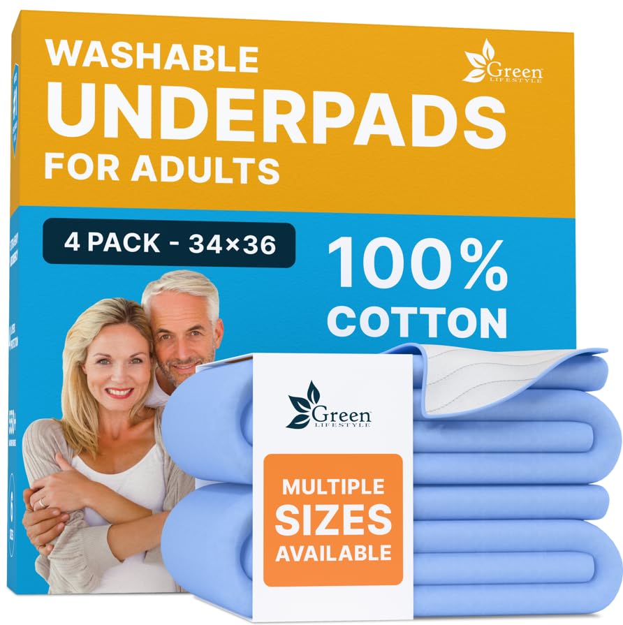GREEN LIFESTYLE 100% Cotton Washable Underpads - Large Bed Pads for use as Incontinence Bed Pads, Reusable Pet Pads, Great for Dogs, Cats, Bunny, Seniors Bed Pad (Pack of 4 - 34x36) Image
