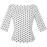 YARN & INK Women's 1950s Vintage Pinup Tops, Back Bow Tie Cute Rockabilly Elegant Shirt, Medium Sleeves Blouse