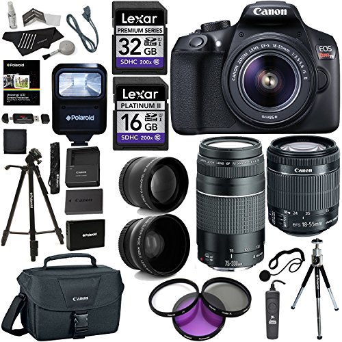 Canon EOS Rebel T6 DSLR Camera Kit (New Model for T5), EFS 18-55mm, EF 75-300mm Zoom Lenses, Polaroid .43x Super Wide Angle, 2.2X HD Telephoto Lens, Canon Bag, Tripods, Memory Cards & Accessory Bundle