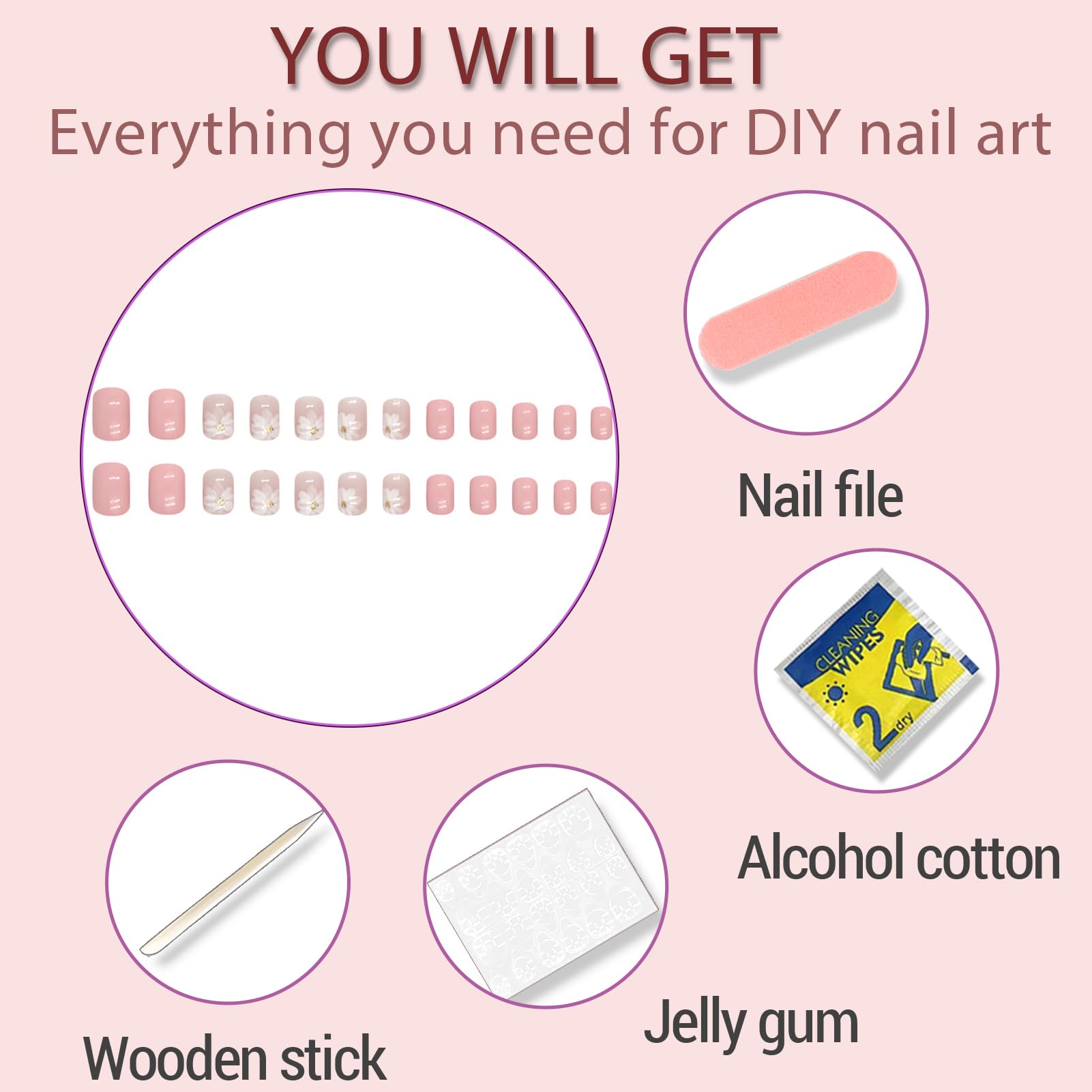 Press On Nails Short，Acrylic Nails Press on ，Short Square Press on Nails Fake Nails Glossy Pink False Nails with Iced Camellia Press ons Designs Artificial Nails Stick on Nails for Women Girls 32Pcs - Image 5