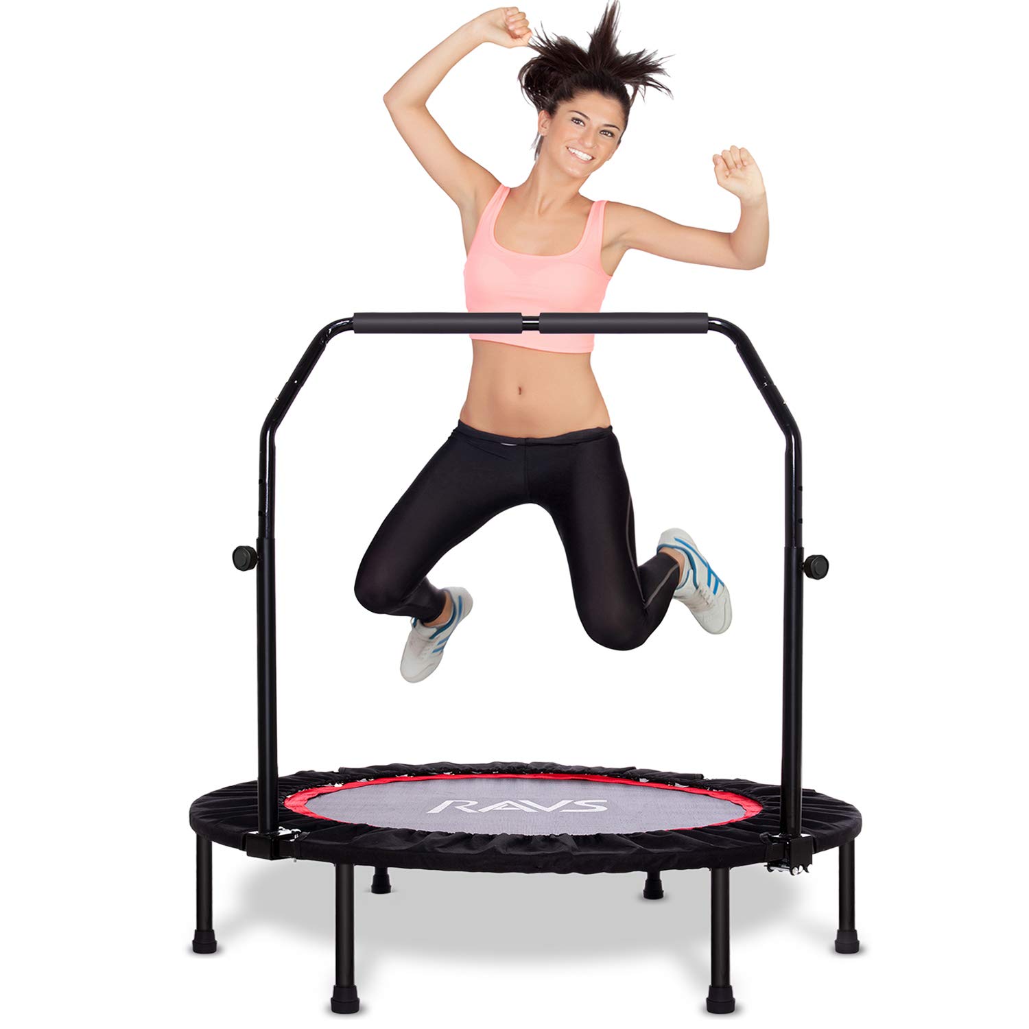 RAVS Mini Trampoline for Kids Adults, 40" Foldable Fitness Rebounder Kids Trampoline with 5 Levels Height Adjustable Handle, Exercise Trampoline Indoor Workout Max Load 350lbs