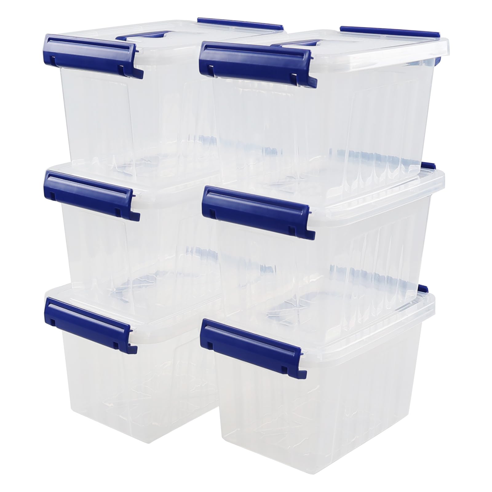 Vareone Set of 6 Clear Plastic Storage Boxes, 3 L Small Latch Box with Lids (Blue handle)