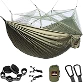 AnorTrek Camping Hammock with Mosquito Net, Double &amp; Single Lightweight Portable Hammocks with Tree Straps, Parachute Hammock for Camping, Backpacking