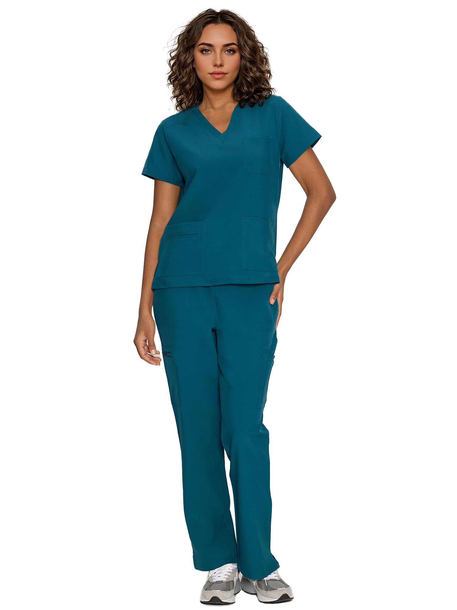 Photo 1 of ***SEE NOTES*** 
floralhue Scrubs for Women, V-Neck Scrubs Top & Cargo Pants with 12 Pockets, Yoga Waistband, 4 Way Stretch, Caribbean Blue