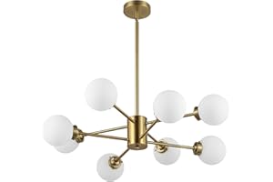 WINGBO 8-Light Modern Chandelier, Sputnik Pedant Light Fixture with Large Opal White Glass Globe Shade for Flat and Slop Ceiling, Height Adjustable for Kitchen Living Room Dining Room Bedroom, Gold