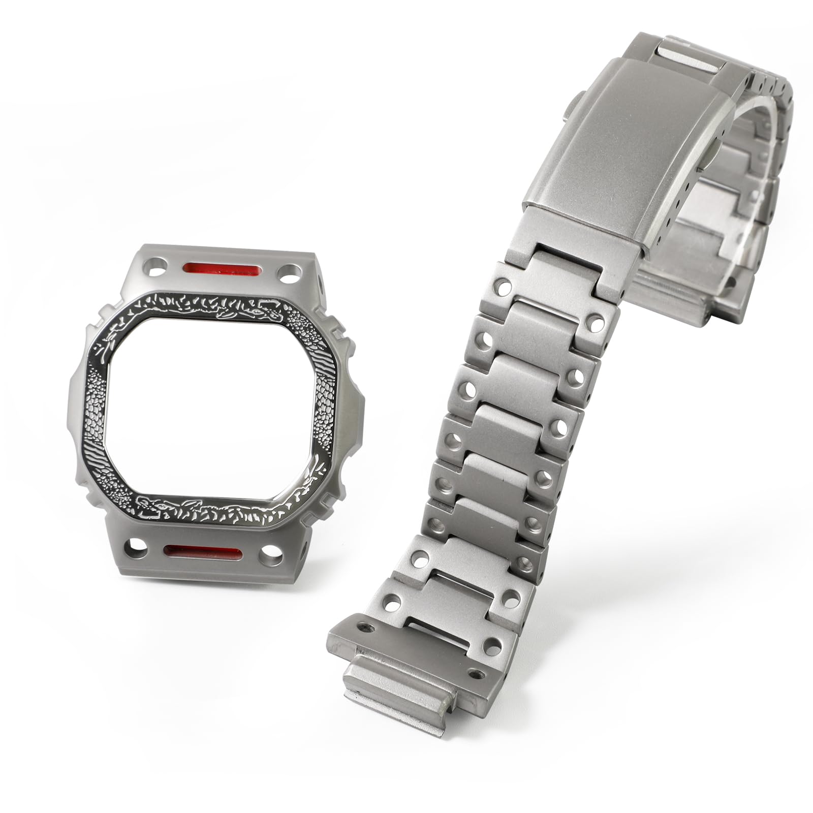 DW-5600 Mod Kit Tiger Rock Carving Pattern Bezel Stainless Steel Case Solid Metal Strap Bracelet for GW-B5600 GB-5600 GWX-5600 DW-5700/5735/5750 Watch Part Replacement