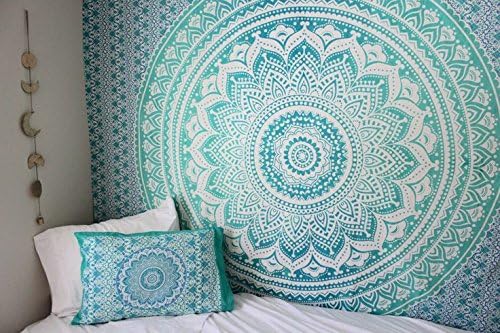 Antiquia Hand Printed Mandala 100% Cotton Bedsheet For Double Bed-90" X 108", Aqua Blue, Floral Pattern