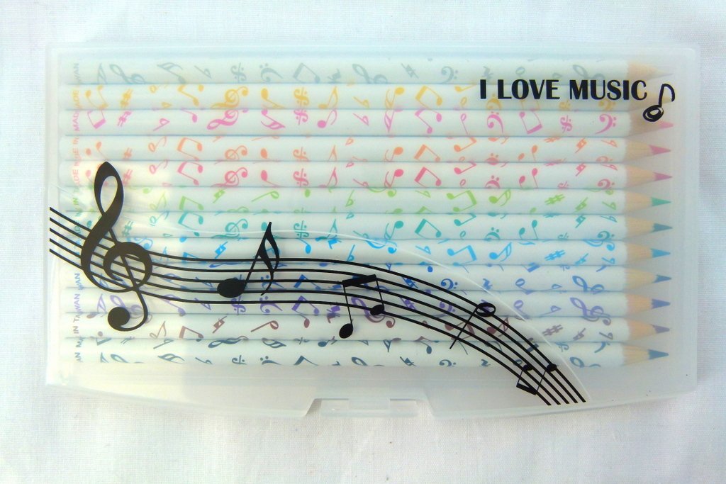 Music Themed 12 Coloured Pencils in clip on plastic case
