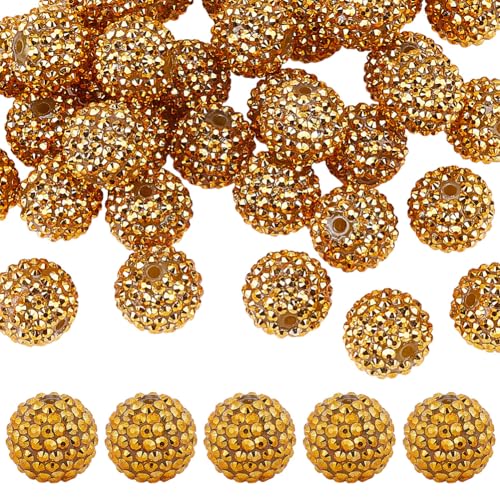PONABEADIY 1 Box 40pcs Gold Yellow Rhinestone Beads Kit Resin Round Shiny Rhinestones Diamond Loose Spacer Sparkle Disco Ball Bead Charming Bulk for Jewellery Making Necklace Earring Diy Craft Supply