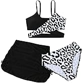 FtcoDcik Girls Swimsuits 3 Piece Bathing Suit Leopard Printed Bikini Set with Cover Up Skirt Summer Beach Swimwear 6-15 Years