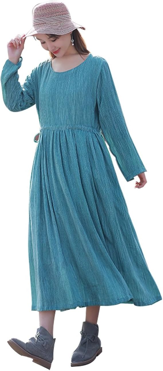Amazon ワンピース レディース ロングスカート ふんわり 森ガール シンプル 可愛い セレブ ウエストゴム 透けない 綿麻 文芸 エレガント ワンピース チュニック 通販