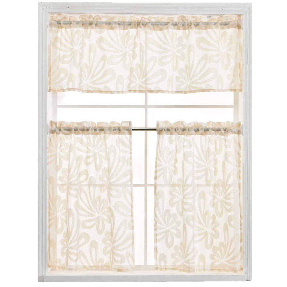 Best 3 Pieces Rod Pocket Kitchen Curtains Valance And Tiers (Cream)