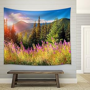 Beautiful Autumn Landscape in The Mountains with Pink Flowers. - Fabric Wall Tapestry Home Decor - 51x60 inches