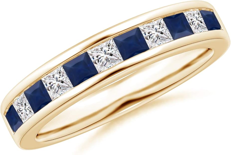 Channel Square Sapphire and Diamond Half Eternity Band in 14K Yellow