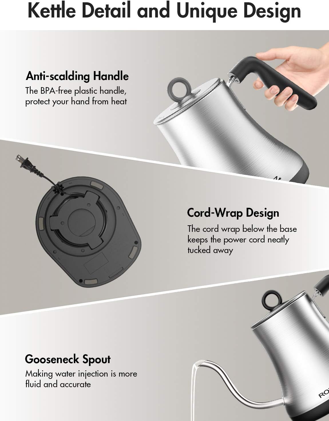 Rozmoz Electric Kettle with Temperature Control, Pour Over Kettle 304 Stainless Steel Tea & Coffee Gooseneck Kettle 0.8L, 1000 Watt Quick Heating: Kitchen & Dining