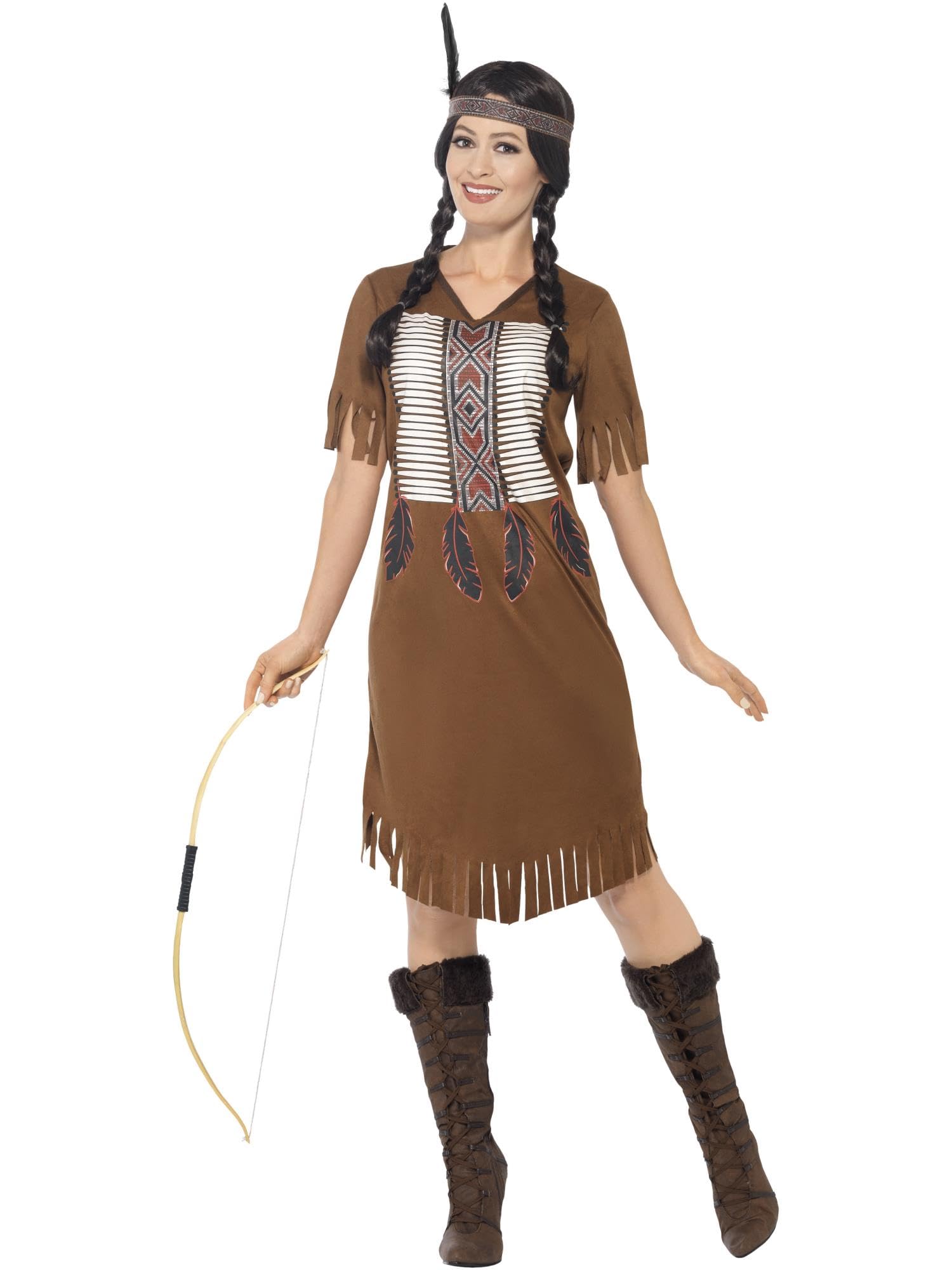 Smiffys Native American Inspired Warrior Princess Costume, with Dress & Headband, Cowboys and Indians Fancy Dress, Adult Dress Up Costumes