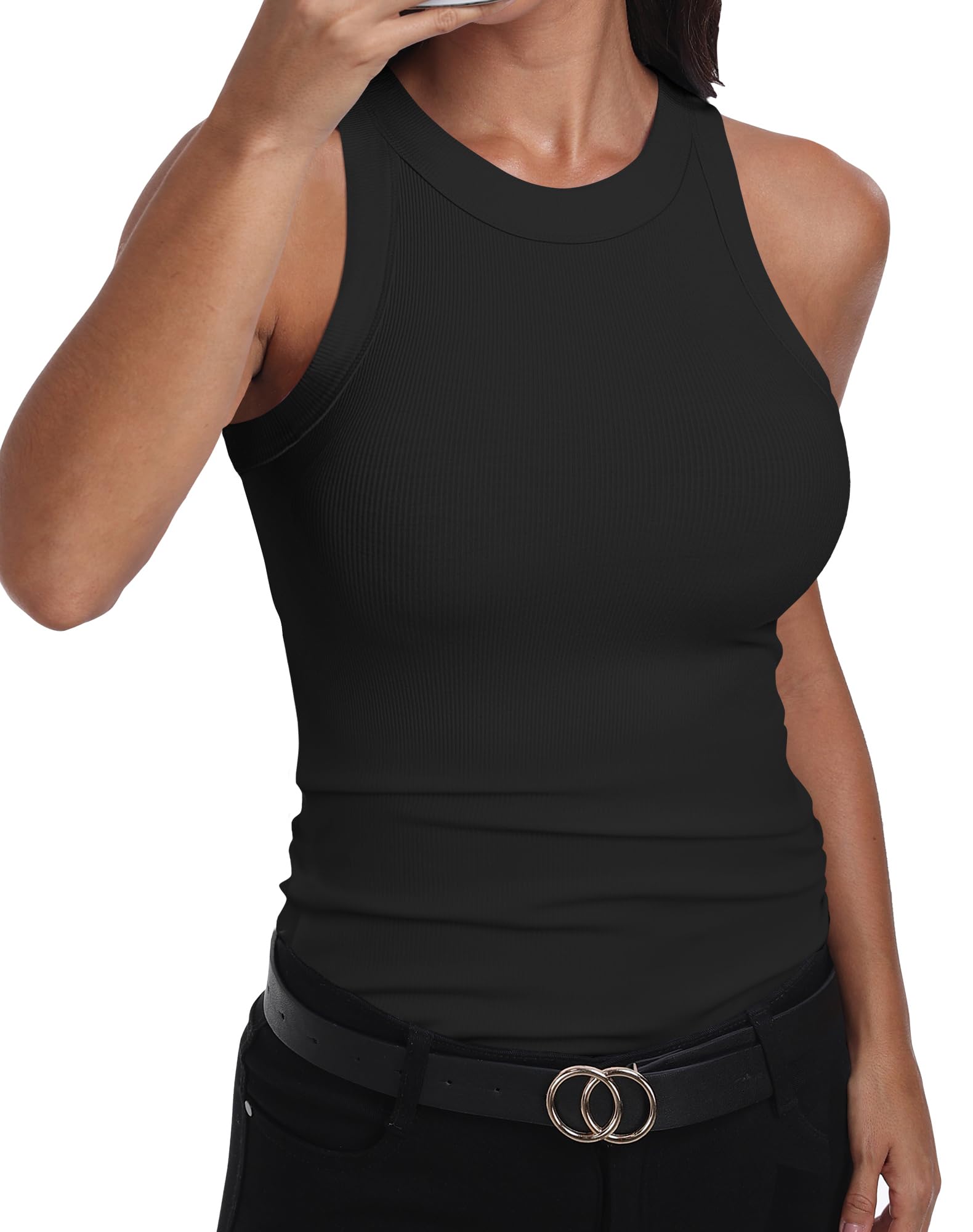 Photo 1 of GEMBERA Womens Sleeveless Racerback High Neck Basic Ribbed Knit Fitted Tank Top Black M