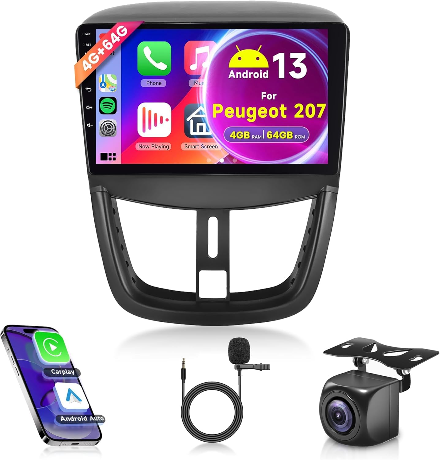 4G 64G Android Car Stereo for Peugeot 207 2006-2015 with Wireless Carplay Android Auto, Rimoody 9 Inch Touch Screen Car Radio with GPS Bluetooth FM RDS WiFi Backup Camera