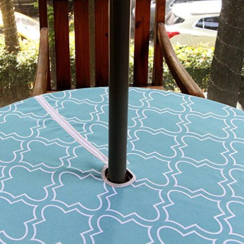 Fanjow® Geometric Quatrefoil Print Zipper Tablecloth for Outdoor Use, Polyester Round Stain Resistant Zippered Umbrella Tablecloth Table Cover (60" Round, Turquoise)