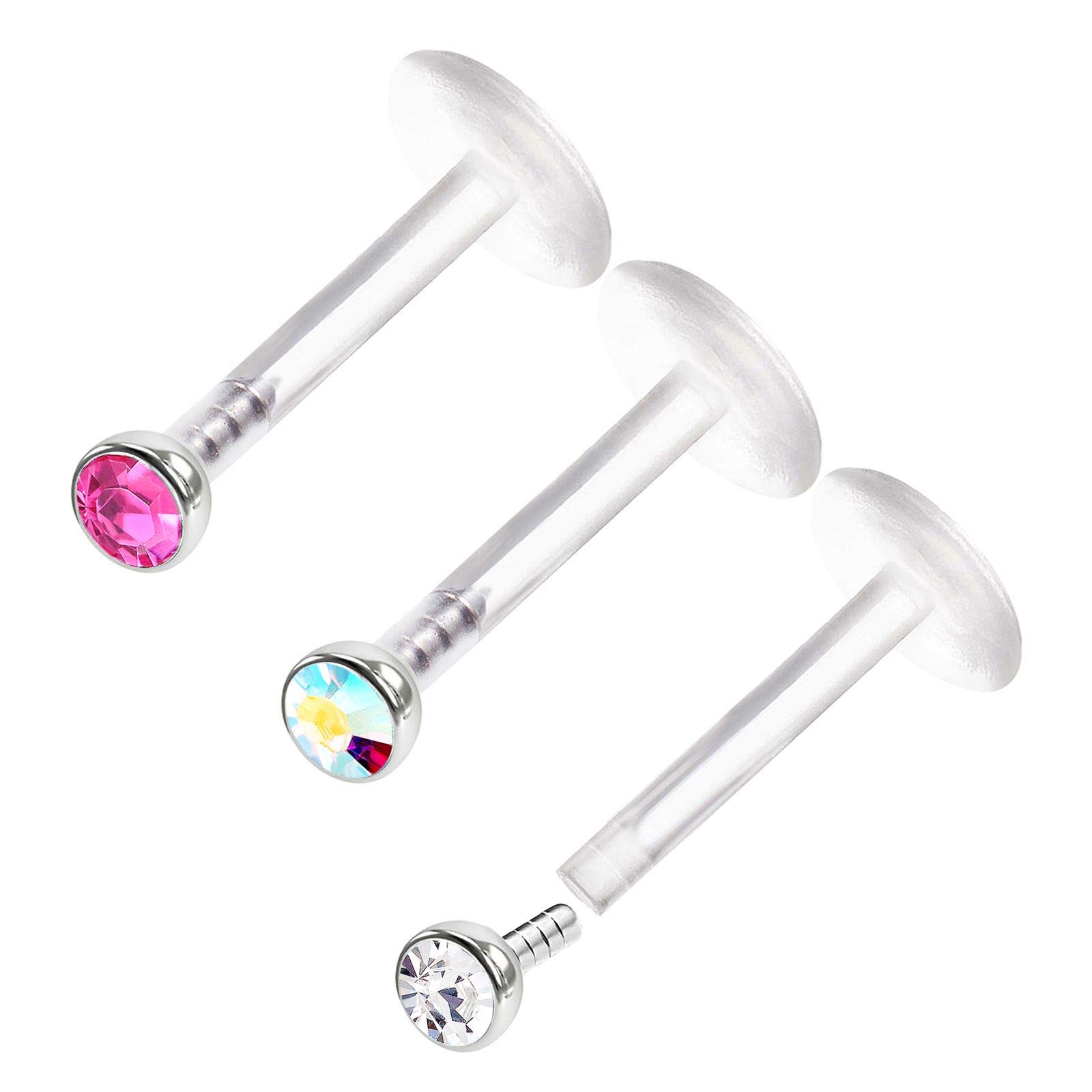 KJM FASHION 3PCS Bioflex Push In Lip Studs 16 gauge 5/16 8mm 2mm Rose Crystal Ball Snakebites Earrings Cartilage Piercing Jewellery 0533