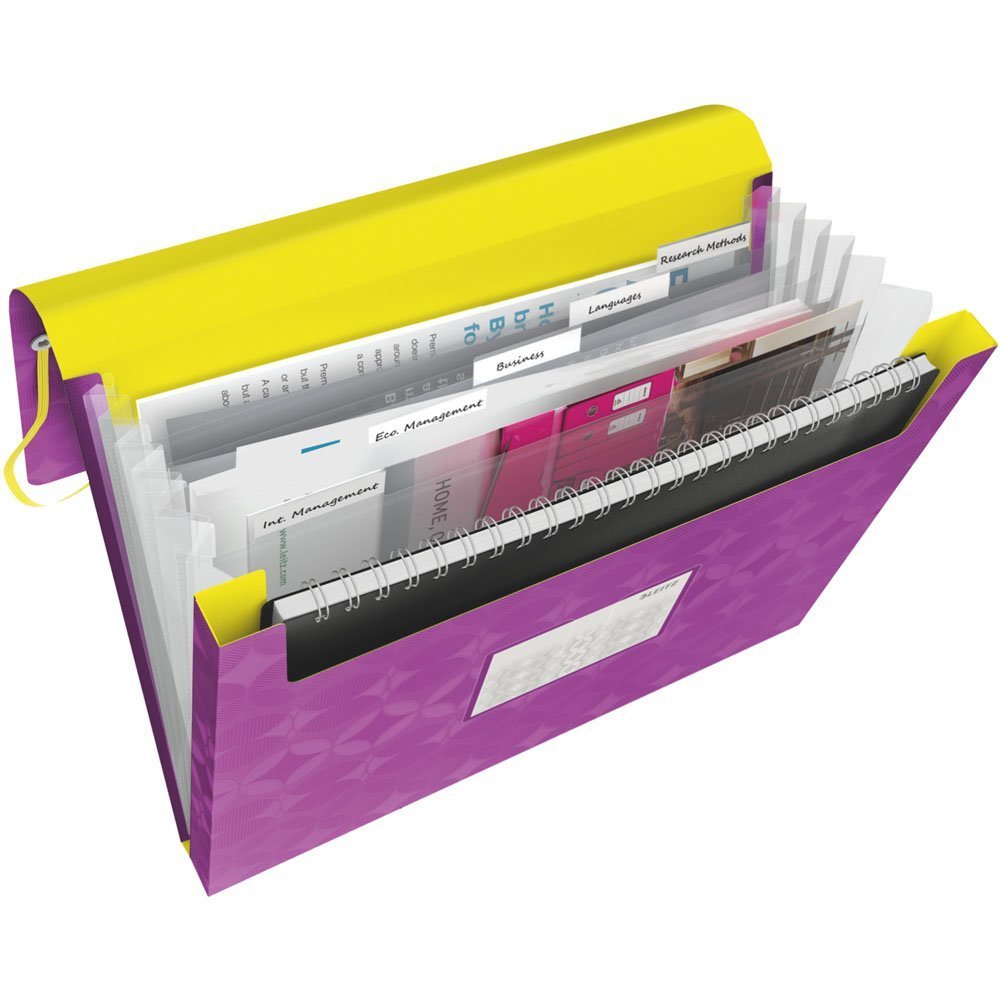 Leitz A4 Expanding File with 5 Compartments, Elastic Band Fastener, Violet/Yellow, Retro Chic Range, 45190065