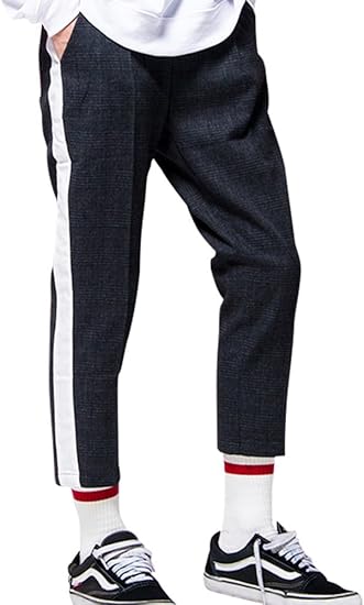 Amazon ビッチ Vicci メンズ グレンチェック柄 サイドライン クロップドパンツ スリム レングス 細身 長ズボン 46 L Blk ブラック ロングパンツ 通販