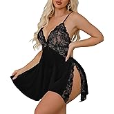 Crexomi Women Sexy Side Slits Lace-trimmed Lingerie Babydoll Dress Chemise Sleepwear Mesh Sheer Nightgown with Thong