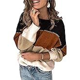 Necooer Womens Sweater Pullover Casual Long Sleeve Crewneck Color Block Pullover Knit Sweater for Women